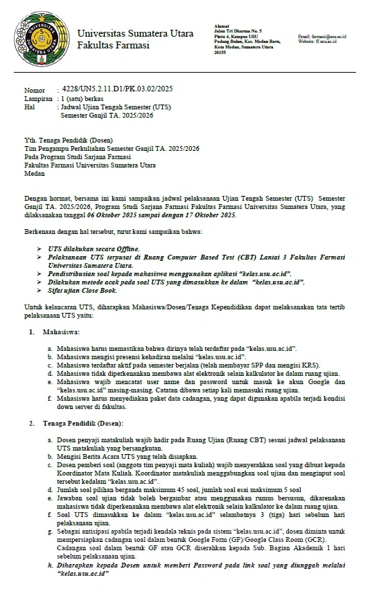 Mid-Semester Exam Schedule for Odd Semester Academic Year 2025/2026